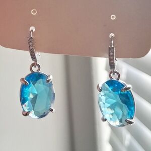 💎New 14K White Gold Plated Blue Glass Stone & Clear CZ's Earrings